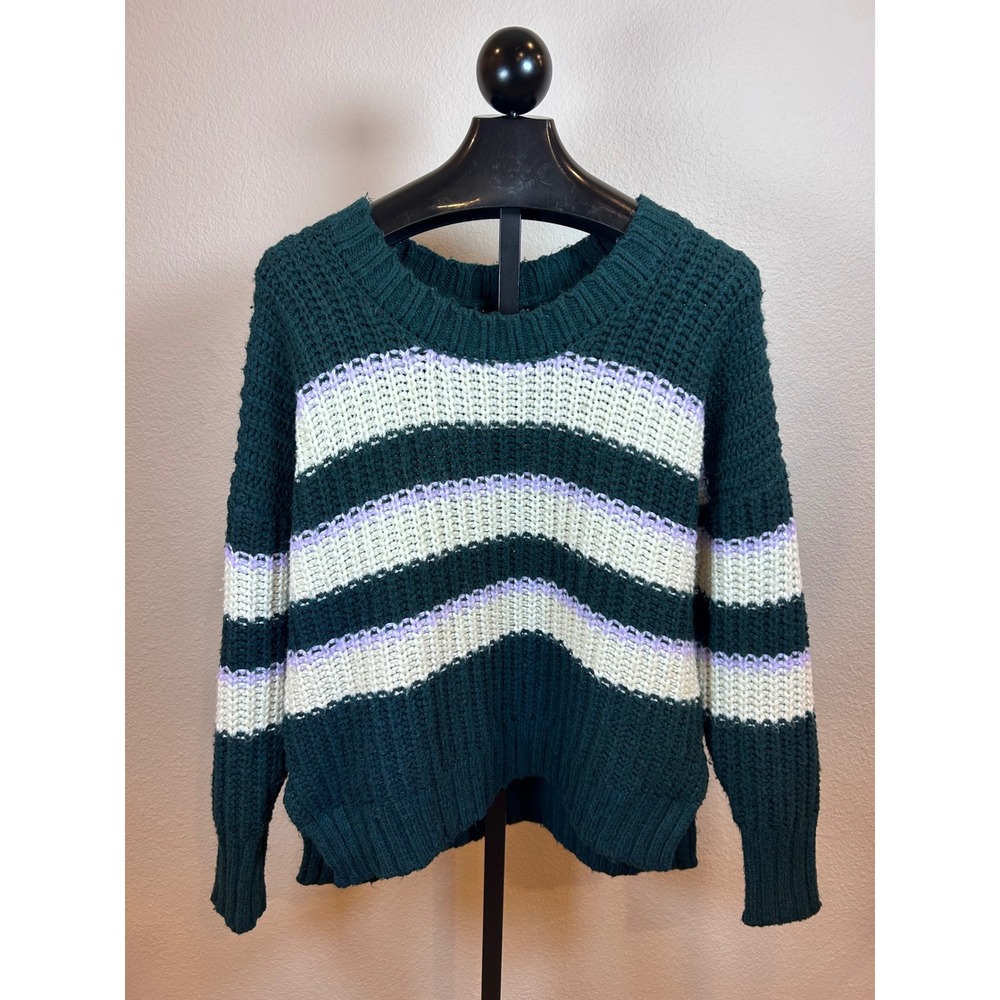 OFFLINE by Aerie Womens Medium Green Stripe Bundle up Knit Crewneck Sweater